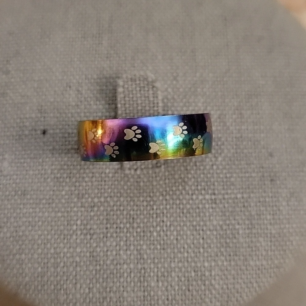 3/$30 Oil Spill Rainbow Paw Print Stainless Steel Kidcore Ring